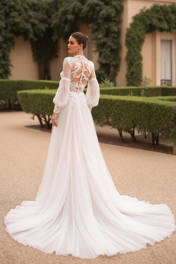 Modest Ivory A-Line Long Sleeve Wedding Dress With Appliques